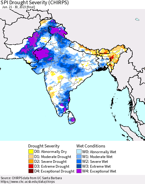 Southern Asia SPI Drought Severity (CHIRPS) Thematic Map For 6/21/2023 - 6/30/2023