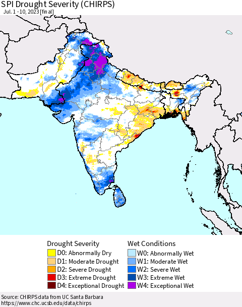 Southern Asia SPI Drought Severity (CHIRPS) Thematic Map For 7/1/2023 - 7/10/2023