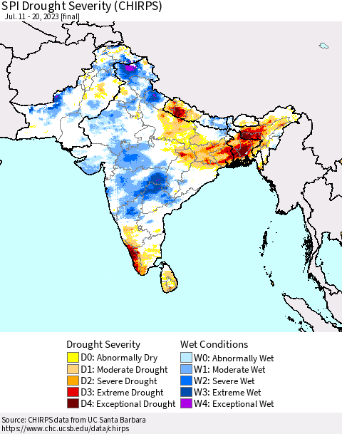 Southern Asia SPI Drought Severity (CHIRPS) Thematic Map For 7/11/2023 - 7/20/2023