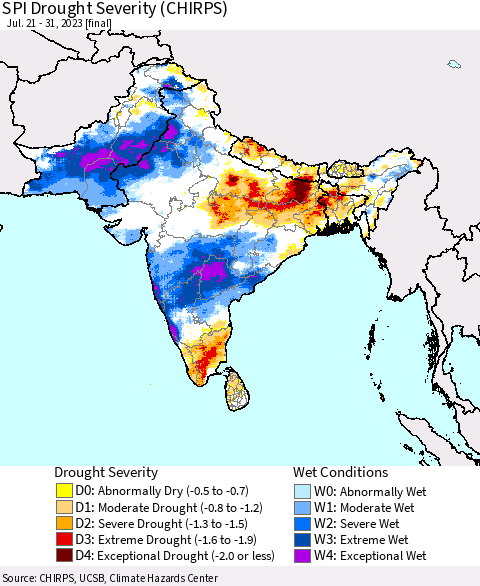 Southern Asia SPI Drought Severity (CHIRPS) Thematic Map For 7/21/2023 - 7/31/2023