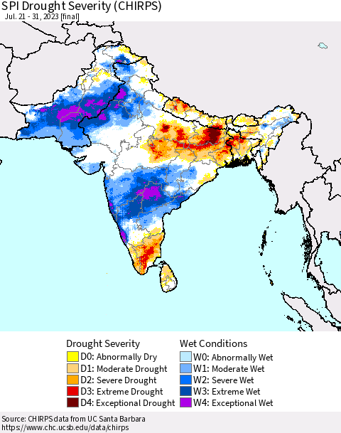 Southern Asia SPI Drought Severity (CHIRPS) Thematic Map For 7/21/2023 - 7/31/2023
