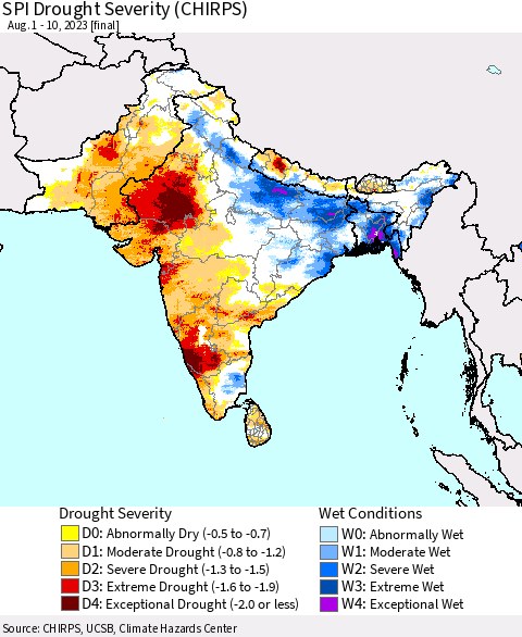 Southern Asia SPI Drought Severity (CHIRPS) Thematic Map For 8/1/2023 - 8/10/2023