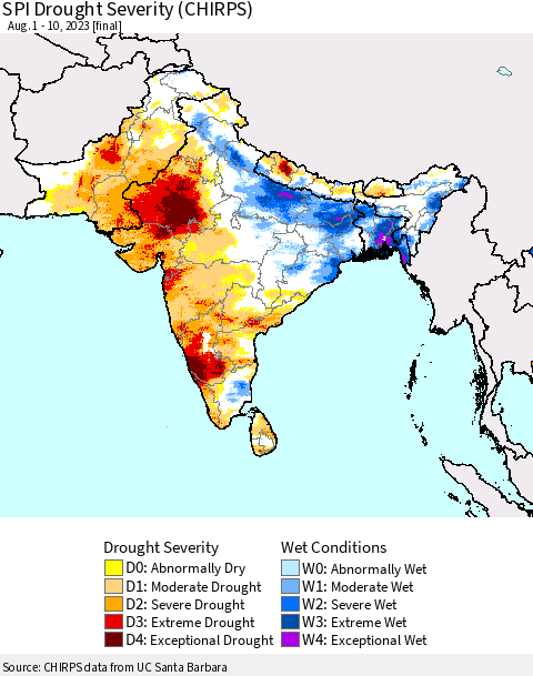 Southern Asia SPI Drought Severity (CHIRPS) Thematic Map For 8/1/2023 - 8/10/2023