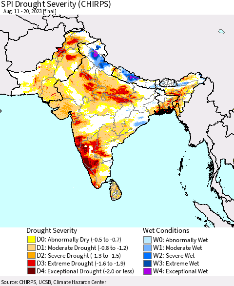 Southern Asia SPI Drought Severity (CHIRPS) Thematic Map For 8/11/2023 - 8/20/2023