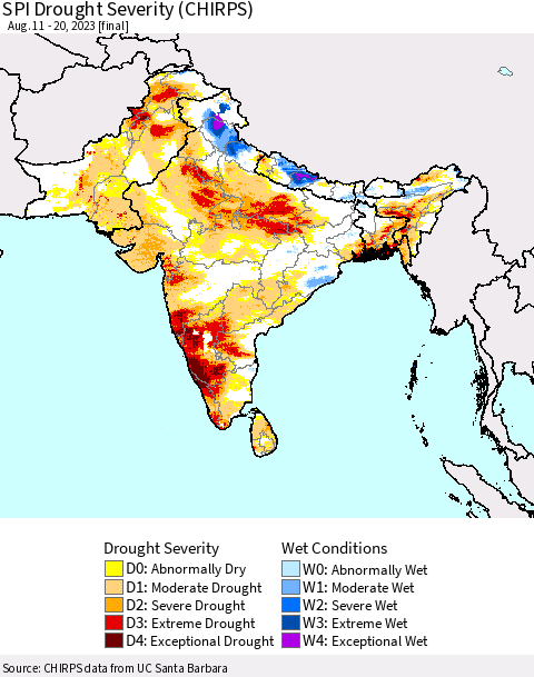 Southern Asia SPI Drought Severity (CHIRPS) Thematic Map For 8/11/2023 - 8/20/2023