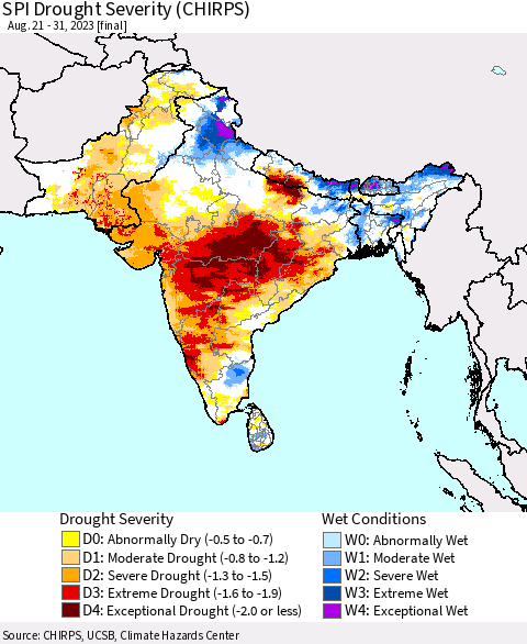 Southern Asia SPI Drought Severity (CHIRPS) Thematic Map For 8/21/2023 - 8/31/2023
