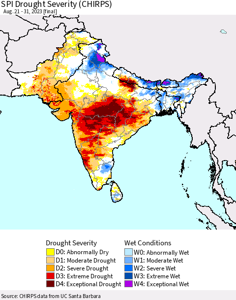 Southern Asia SPI Drought Severity (CHIRPS) Thematic Map For 8/21/2023 - 8/31/2023