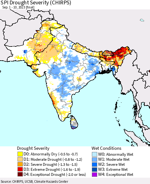 Southern Asia SPI Drought Severity (CHIRPS) Thematic Map For 9/1/2023 - 9/10/2023