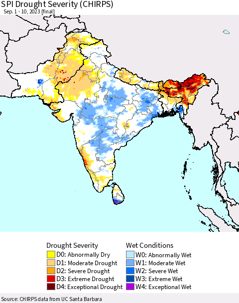 Southern Asia SPI Drought Severity (CHIRPS) Thematic Map For 9/1/2023 - 9/10/2023