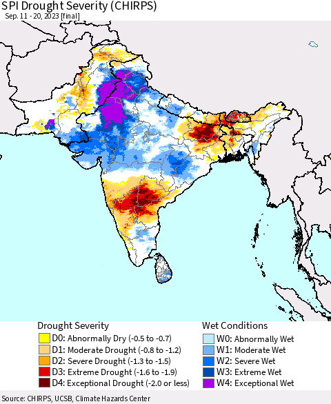 Southern Asia SPI Drought Severity (CHIRPS) Thematic Map For 9/11/2023 - 9/20/2023