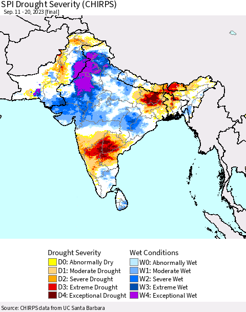 Southern Asia SPI Drought Severity (CHIRPS) Thematic Map For 9/11/2023 - 9/20/2023