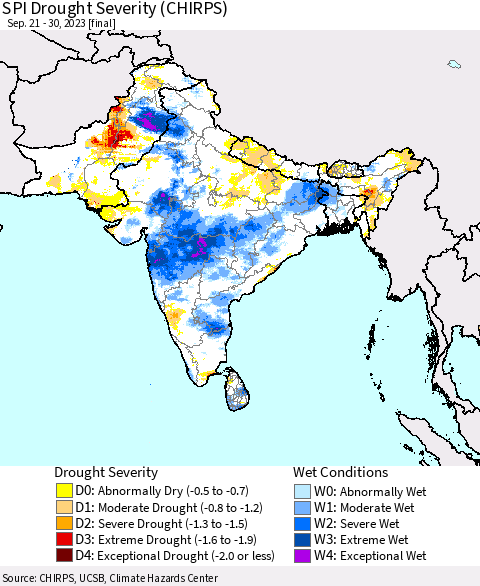 Southern Asia SPI Drought Severity (CHIRPS) Thematic Map For 9/21/2023 - 9/30/2023