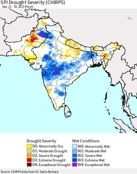 Southern Asia SPI Drought Severity (CHIRPS) Thematic Map For 9/21/2023 - 9/30/2023