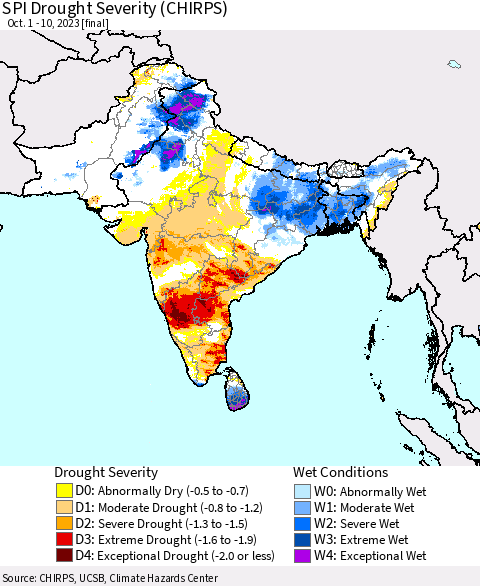Southern Asia SPI Drought Severity (CHIRPS) Thematic Map For 10/1/2023 - 10/10/2023