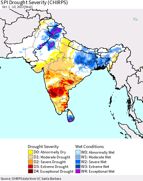 Southern Asia SPI Drought Severity (CHIRPS) Thematic Map For 10/1/2023 - 10/10/2023