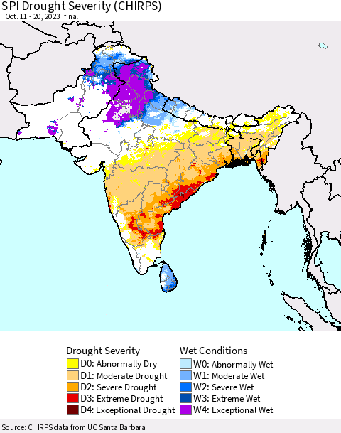 Southern Asia SPI Drought Severity (CHIRPS) Thematic Map For 10/11/2023 - 10/20/2023