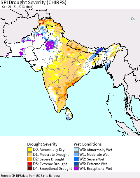 Southern Asia SPI Drought Severity (CHIRPS) Thematic Map For 10/21/2023 - 10/31/2023