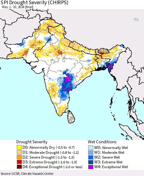 Southern Asia SPI Drought Severity (CHIRPS) Thematic Map For 5/1/2024 - 5/10/2024