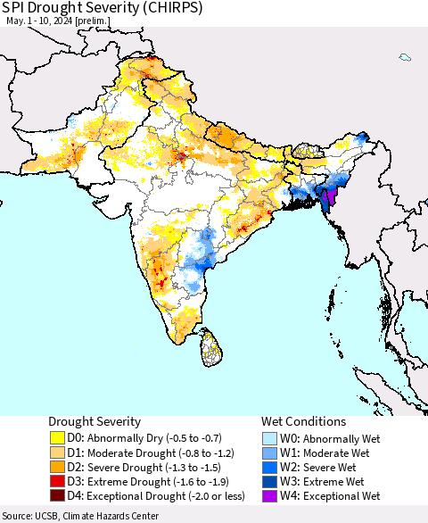 Southern Asia SPI Drought Severity (CHIRPS) Thematic Map For 5/1/2024 - 5/10/2024