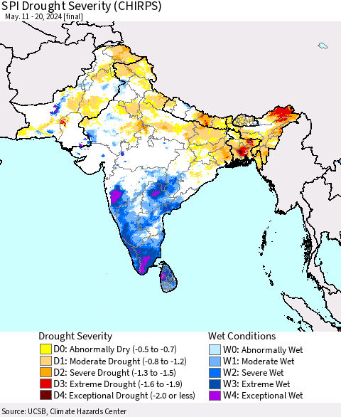 Southern Asia SPI Drought Severity (CHIRPS) Thematic Map For 5/11/2024 - 5/20/2024