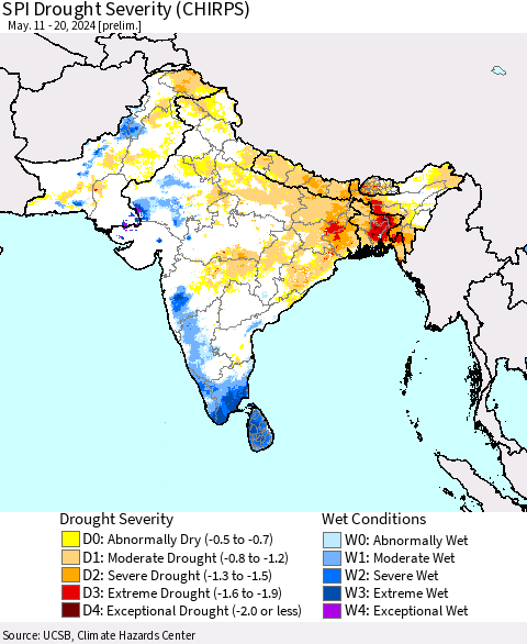 Southern Asia SPI Drought Severity (CHIRPS) Thematic Map For 5/11/2024 - 5/20/2024