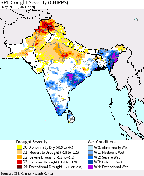 Southern Asia SPI Drought Severity (CHIRPS) Thematic Map For 5/21/2024 - 5/31/2024