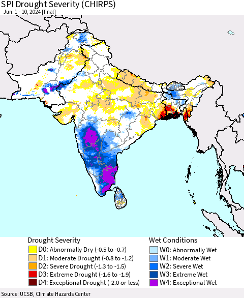 Southern Asia SPI Drought Severity (CHIRPS) Thematic Map For 6/1/2024 - 6/10/2024