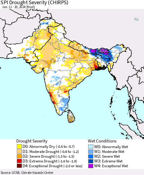 Southern Asia SPI Drought Severity (CHIRPS) Thematic Map For 6/11/2024 - 6/20/2024