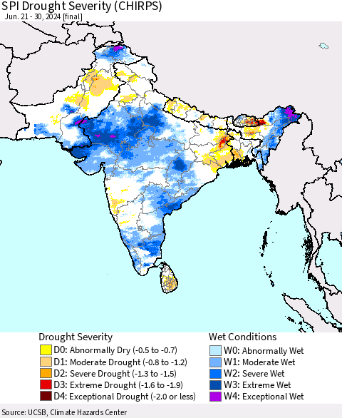 Southern Asia SPI Drought Severity (CHIRPS) Thematic Map For 6/21/2024 - 6/30/2024