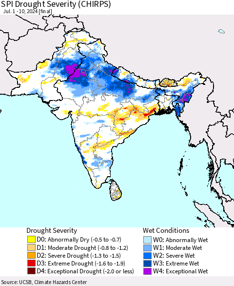 Southern Asia SPI Drought Severity (CHIRPS) Thematic Map For 7/1/2024 - 7/10/2024