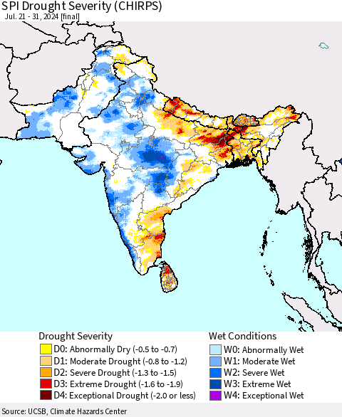 Southern Asia SPI Drought Severity (CHIRPS) Thematic Map For 7/21/2024 - 7/31/2024