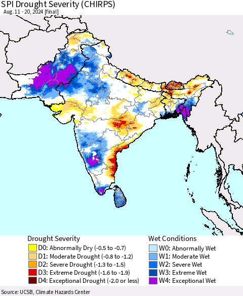 Southern Asia SPI Drought Severity (CHIRPS) Thematic Map For 8/11/2024 - 8/20/2024