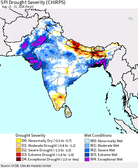 Southern Asia SPI Drought Severity (CHIRPS) Thematic Map For 8/21/2024 - 8/31/2024