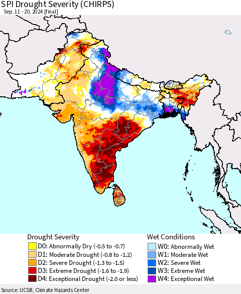Southern Asia SPI Drought Severity (CHIRPS) Thematic Map For 9/11/2024 - 9/20/2024