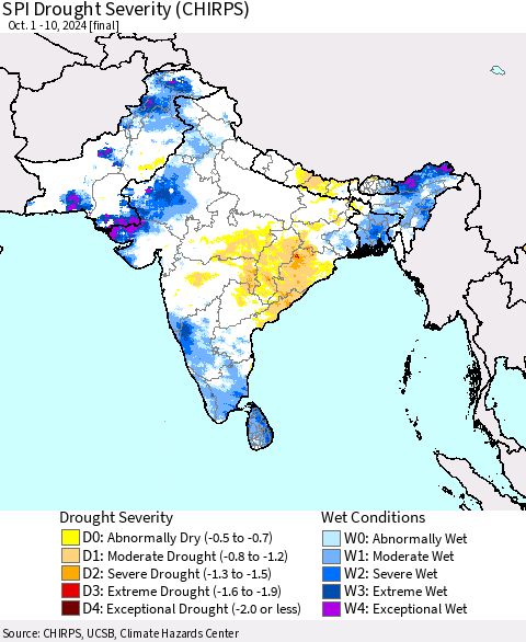 Southern Asia SPI Drought Severity (CHIRPS) Thematic Map For 10/1/2024 - 10/10/2024