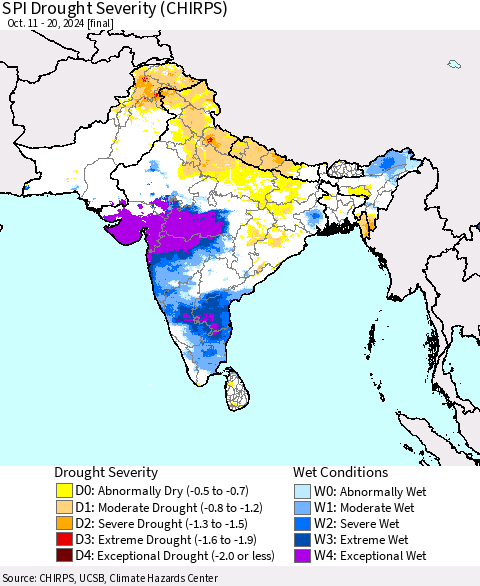 Southern Asia SPI Drought Severity (CHIRPS) Thematic Map For 10/11/2024 - 10/20/2024