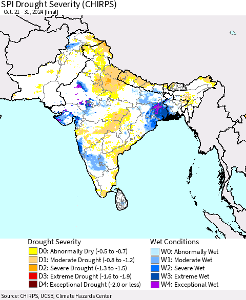 Southern Asia SPI Drought Severity (CHIRPS) Thematic Map For 10/21/2024 - 10/31/2024