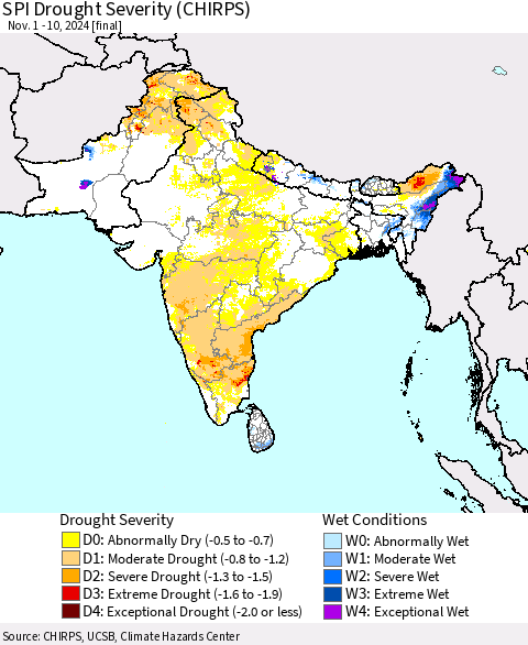 Southern Asia SPI Drought Severity (CHIRPS) Thematic Map For 11/1/2024 - 11/10/2024
