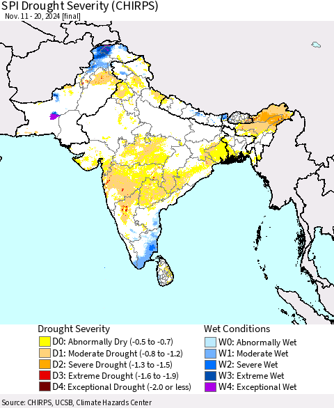 Southern Asia SPI Drought Severity (CHIRPS) Thematic Map For 11/11/2024 - 11/20/2024