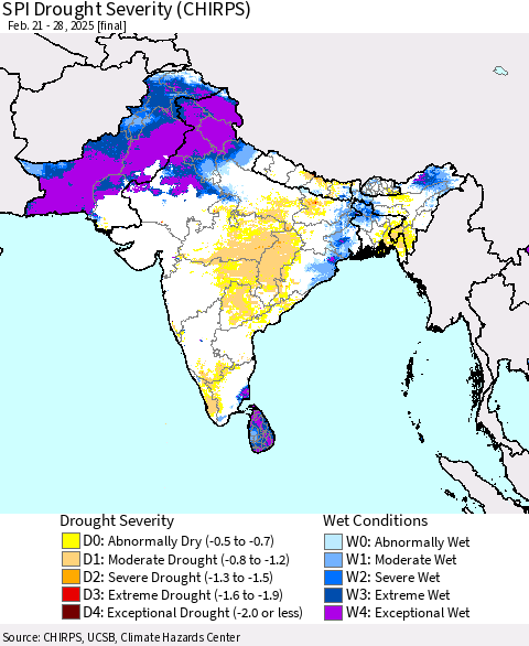 Southern Asia SPI Drought Severity (CHIRPS) Thematic Map For 2/21/2025 - 2/28/2025