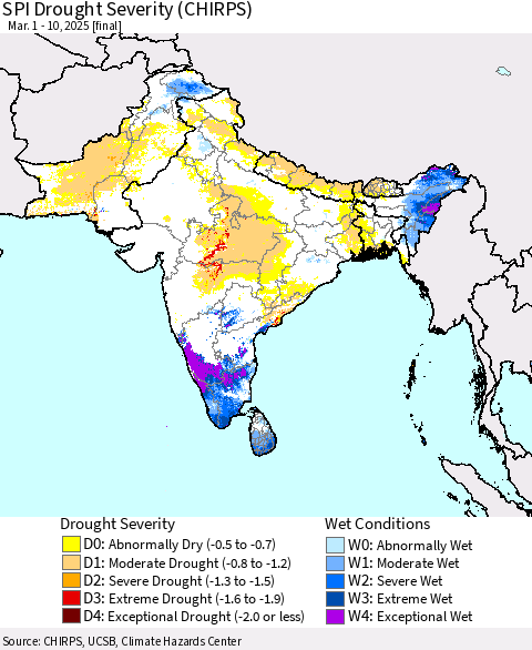 Southern Asia SPI Drought Severity (CHIRPS) Thematic Map For 3/1/2025 - 3/10/2025