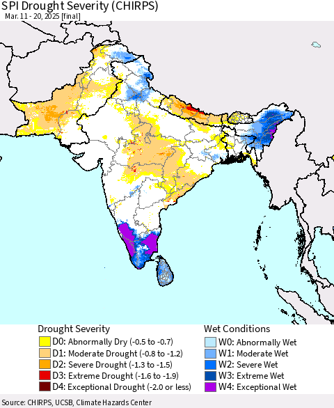Southern Asia SPI Drought Severity (CHIRPS) Thematic Map For 3/11/2025 - 3/20/2025