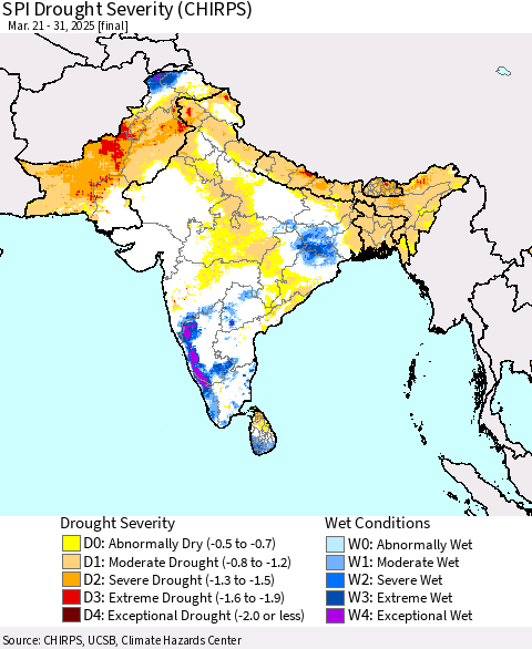 Southern Asia SPI Drought Severity (CHIRPS) Thematic Map For 3/21/2025 - 3/31/2025