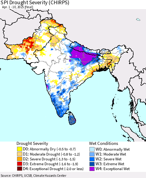 Southern Asia SPI Drought Severity (CHIRPS) Thematic Map For 4/1/2025 - 4/10/2025