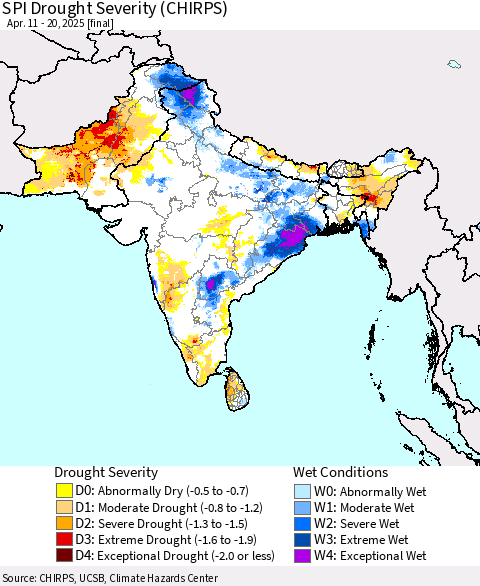 Southern Asia SPI Drought Severity (CHIRPS) Thematic Map For 4/11/2025 - 4/20/2025