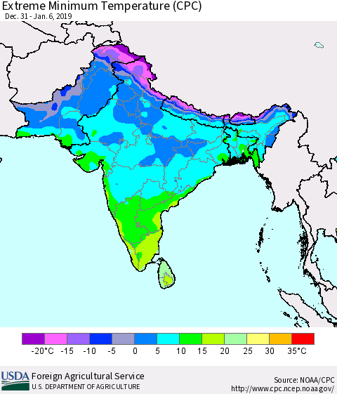 Southern Asia Minimum Daily Temperature (CPC) Thematic Map For 12/31/2018 - 1/6/2019