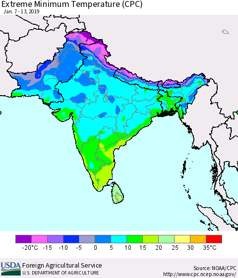 Southern Asia Minimum Daily Temperature (CPC) Thematic Map For 1/7/2019 - 1/13/2019