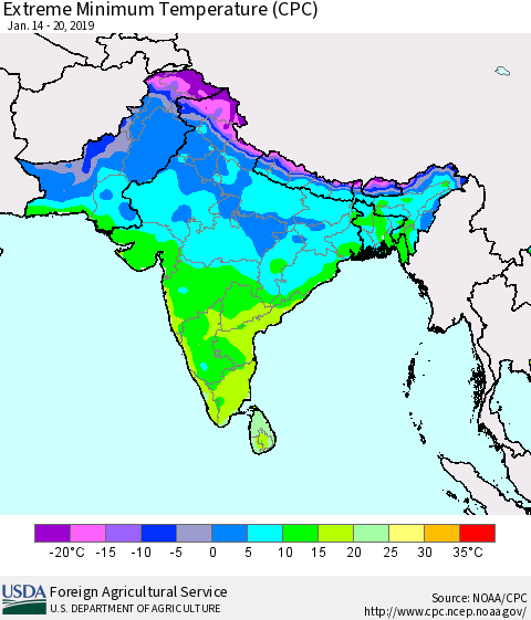 Southern Asia Minimum Daily Temperature (CPC) Thematic Map For 1/14/2019 - 1/20/2019