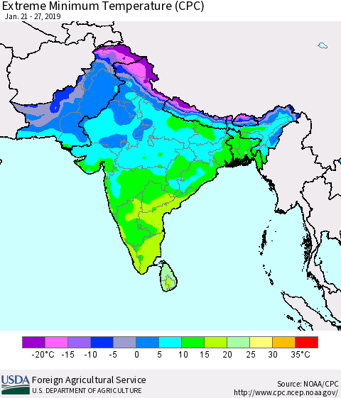 Southern Asia Minimum Daily Temperature (CPC) Thematic Map For 1/21/2019 - 1/27/2019