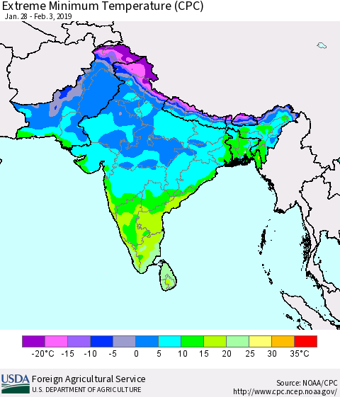 Southern Asia Minimum Daily Temperature (CPC) Thematic Map For 1/28/2019 - 2/3/2019